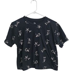 Black Skeleton Print Womens Cropped Tee